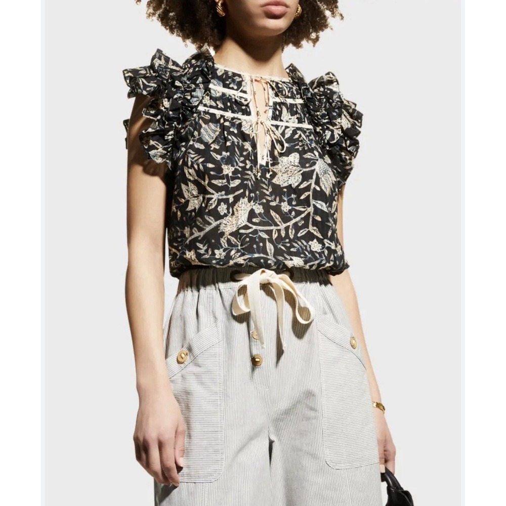 Ulla‎ Johnson Asmara Floral Top Frill Sleeve Tie Neck Boho 8 Romantic Whimsy